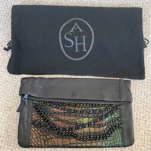 NEW ASH Genuine Leather Clutch with chain and metallic croc detail
